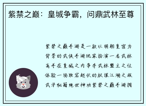 紫禁之巅：皇城争霸，问鼎武林至尊